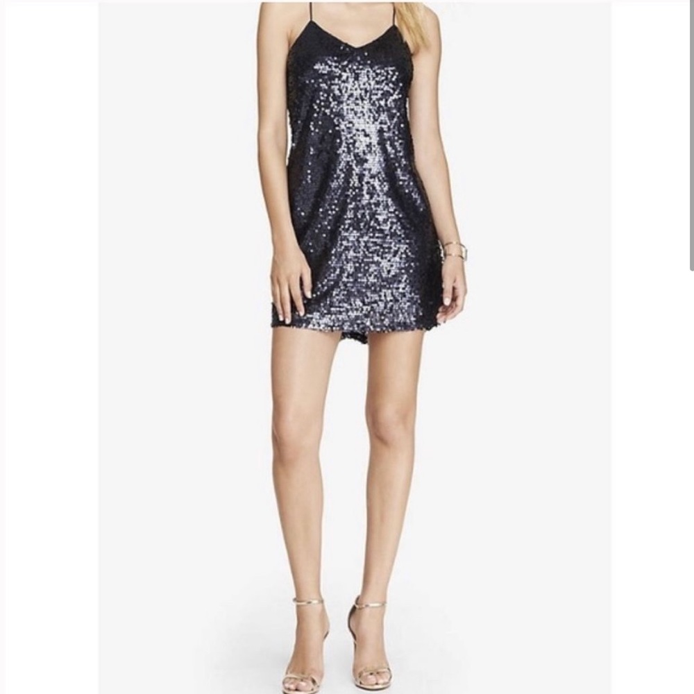 Express dark navy blue sequin mini vneck dress spaghetti straps - extra small
